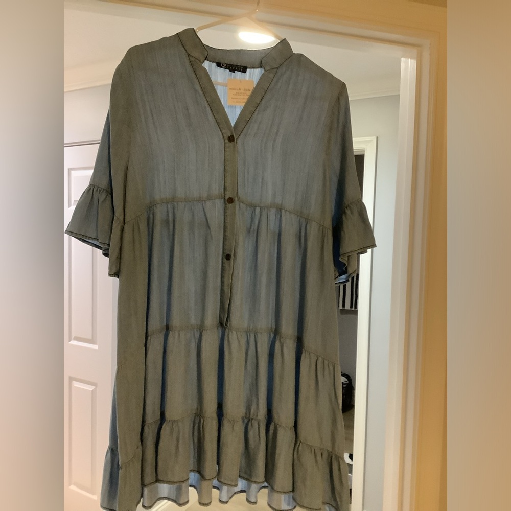 Blue denim look Tiered Button-Front Women's Dress